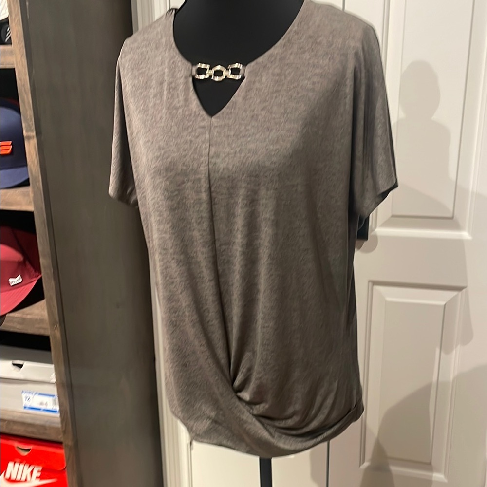JM Collection Brown Blouse with Chain Accent (C)